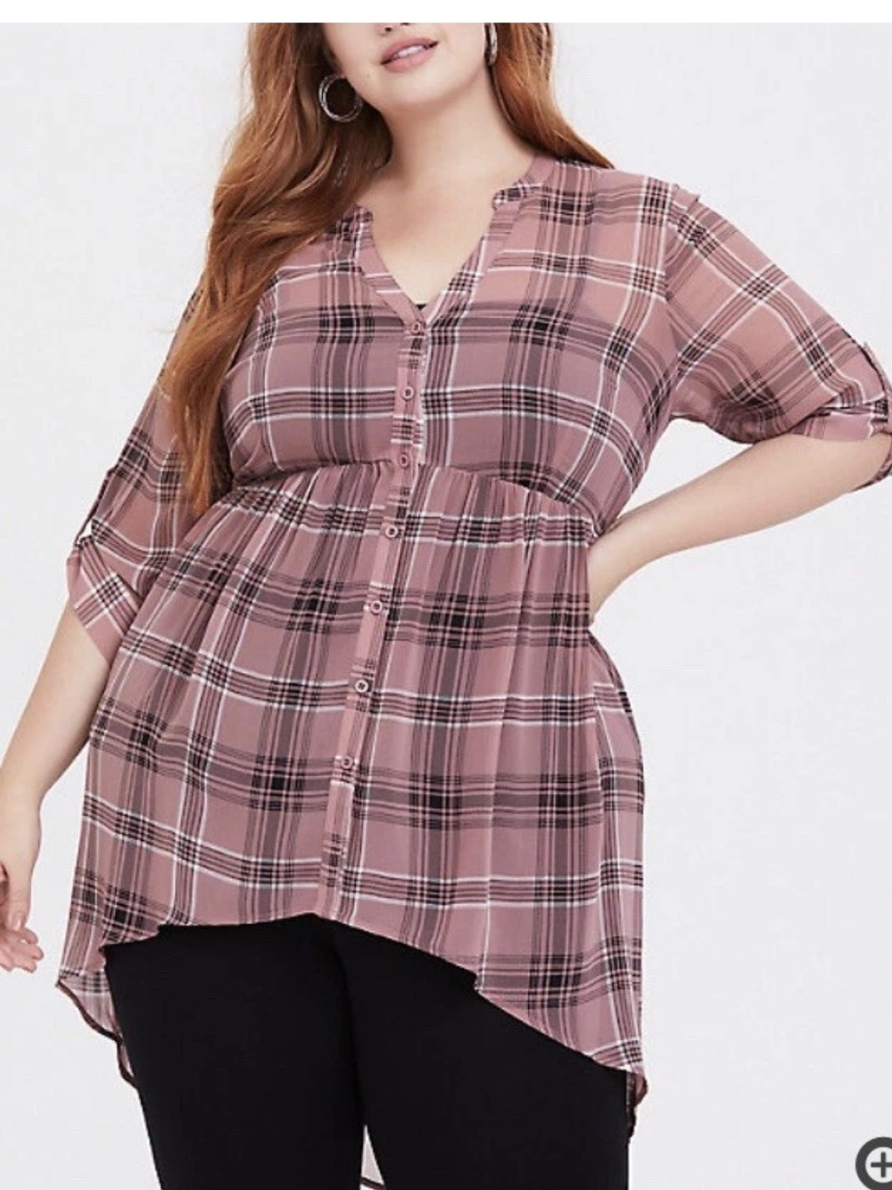 Torrid  1x Plus Size Hi-Lo Babydoll Pink Plaid Sheer Shirt Top Size 1